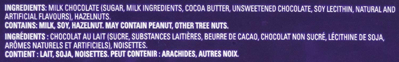 Cadbury Dairy Milk Hazelnut Chocolate, 100g/3.5 oz Bar Ingredients